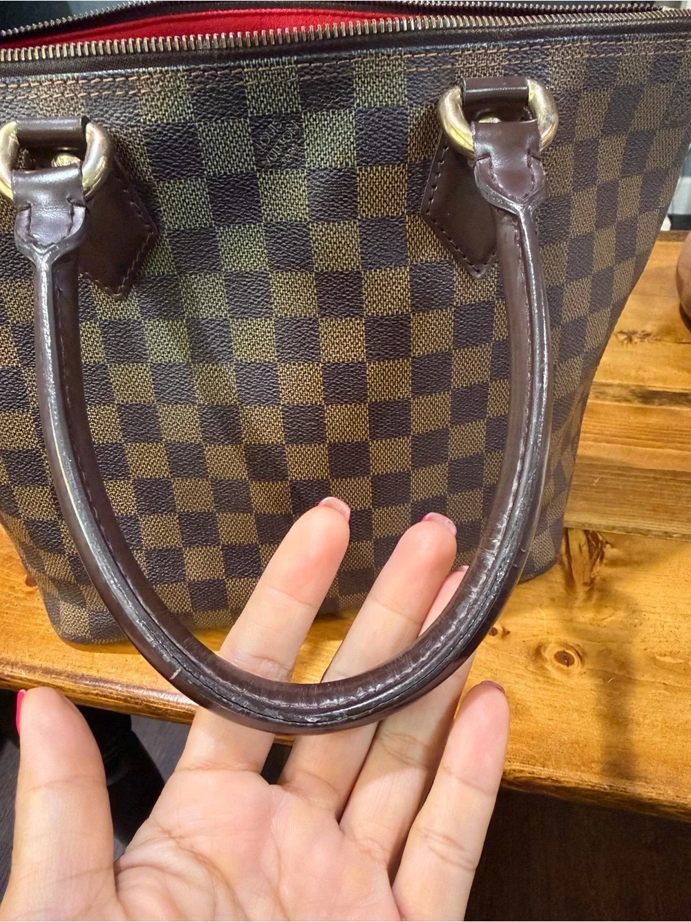 Authentic Louis Vuitton Saleya MM Damier Ebene Tote Handbag Red Interior
